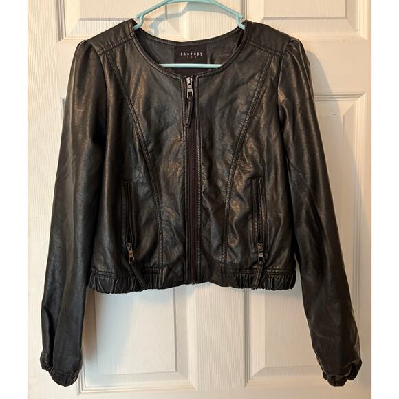 Therapy By Lane Crawford Faux Leather Biker Junior Jacket Leopard Lining LARGE - Picture 1 of 9